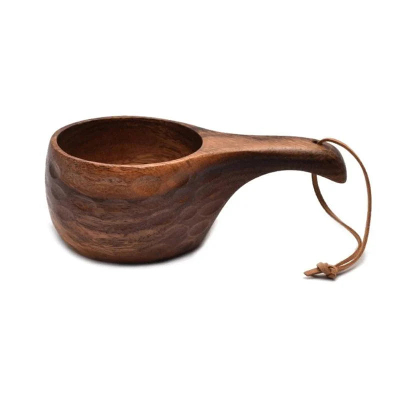 Lisslune | Acacia Wood Finland Kuksa Travel Mug with Handle and Leather Rope Holder - Stylish Drinkware for Coffee, Tea, and Juice