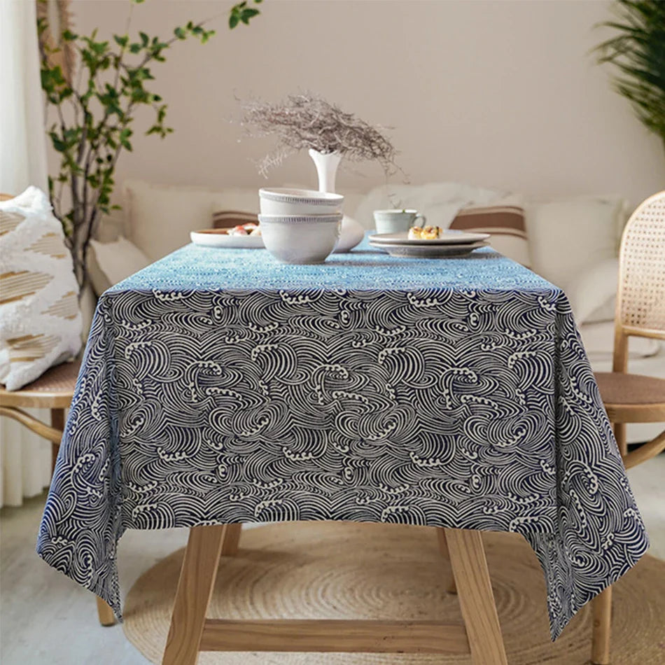 Rynx Japanese Style Polyester Cotton Tablecloth, Rectangular Dustproof Tablecloth, for Kitchen Dining Room Celebration Birthday Table Decoration