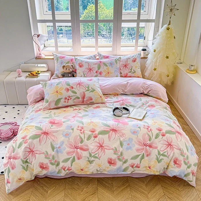 Lisslune | 100% Baumwolle Gedrucktes Bettbezug Set mit Kissenbezügen - Florales Stil Bettwäsche Set, Atmungsaktiv & Hypoallergen, Maschinenwaschbar