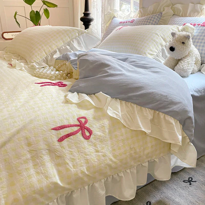 Lisslune | Prinzessinnen Bettwäsche Set Spitze Schleife Rosa Karomuster 4-teilig Bettdecke Bezug Blatt und Kissenbezug Soft Romantisch Für Mädchen