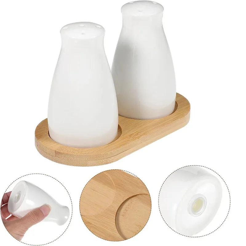 Lisslune | Ceramic Salt and Pepper Shaker Set with Bamboo Tray in Country Style