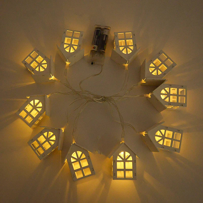 Rynx 2M 10LED Christmas Wooden House LED String Lights 2025 New Year Home Hanging Garland Xmas Tree Ornaments Decorative Lamp