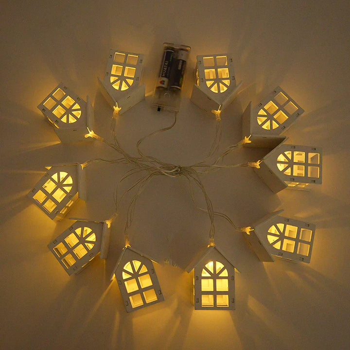 Rynx 2M 10LED Christmas Wooden House LED String Lights 2025 New Year Home Hanging Garland Xmas Tree Ornaments Decorative Lamp