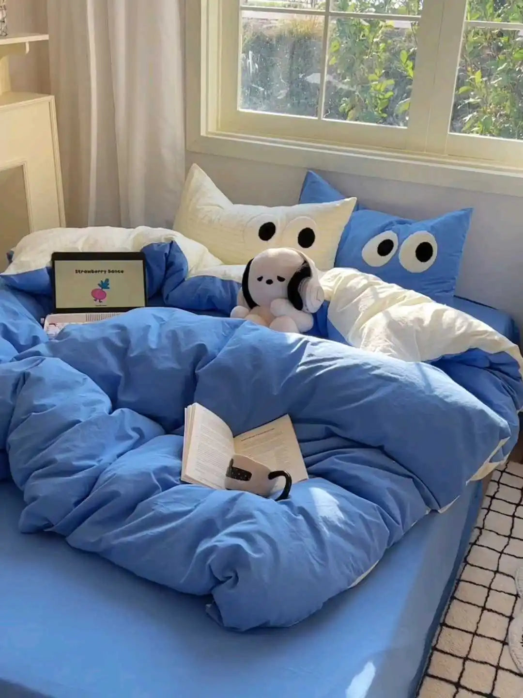 Rynx | In Black Big Eye Solid Color Bedding Set Girls Boys Flat Bed Sheet Blue Duvet Cover Pillowcase Washed Cotton Bedding Home Textiles