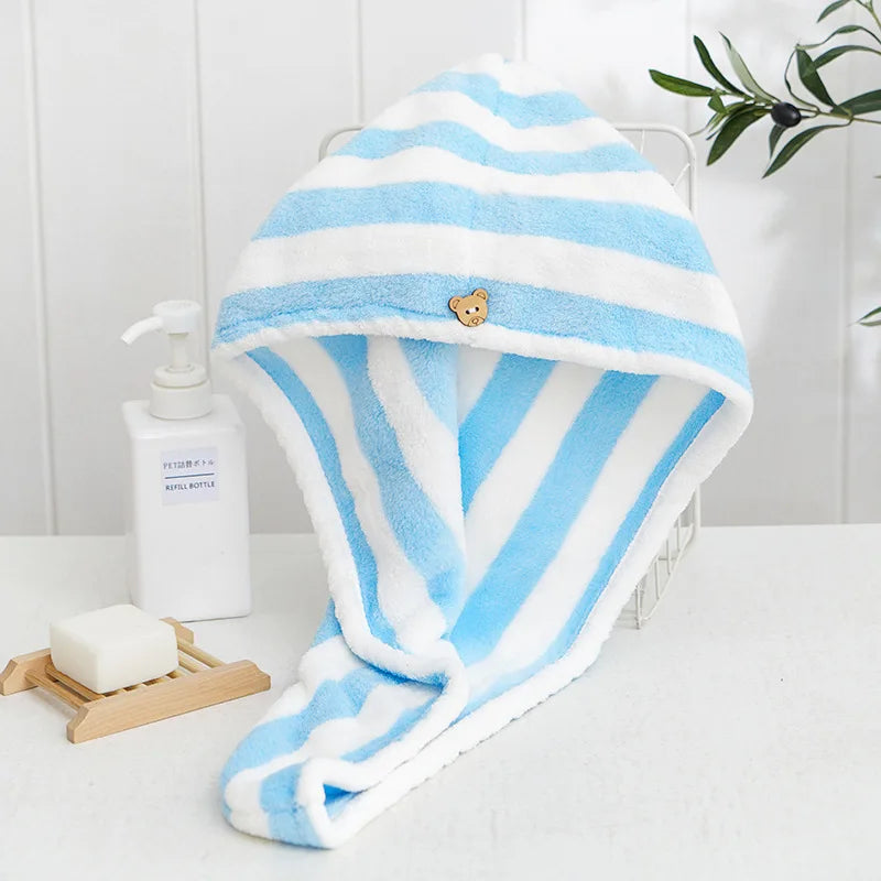Rynx Microfiber Hair Towel Wrap Thickened Coral Velvet Cationic Dry Hair Cap Water Absorption and Quick Drying Striped Shower Cap