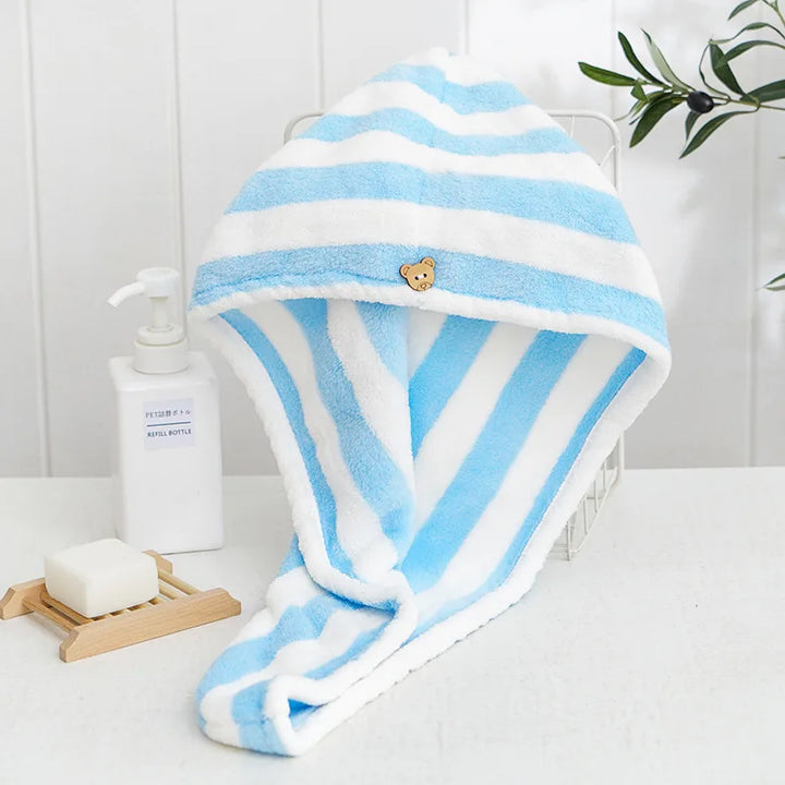 Rynx Microfiber Hair Towel Wrap Thickened Coral Velvet Cationic Dry Hair Cap Water Absorption and Quick Drying Striped Shower Cap