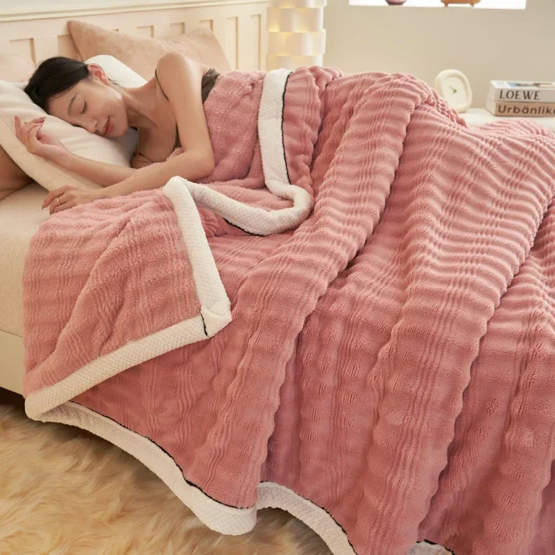 Rynx Artificial Rabbit Plush Autumn Winter Warm Blanket Striped Fluffy Warmth Sofa Blankets Soft Absorbent Breathable Nap Blanket