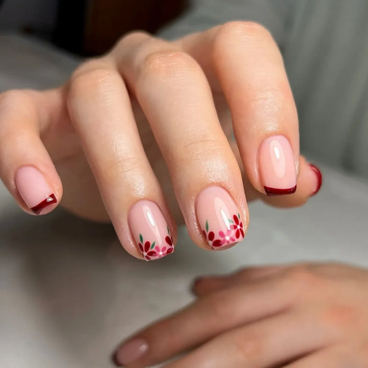Rynx | Striped plaid pattern Pink flower nail art Simple fashion Spring artificial nails Removable ready-made fingernails press-on nails with glue