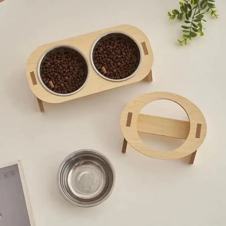 Rynx | Elevated feeding bowl inclined stainless steel feeding bowls dog water feeding feeding bowl cat bowl wooden stand pet supplies single/double