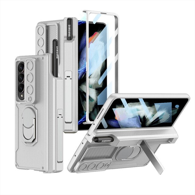 Lisslune | Luxury Case with S Pen Holder and Hinge Screen Protection Ring Stand Case for Samsung Galaxy Z Fold 5 Z Fold 4