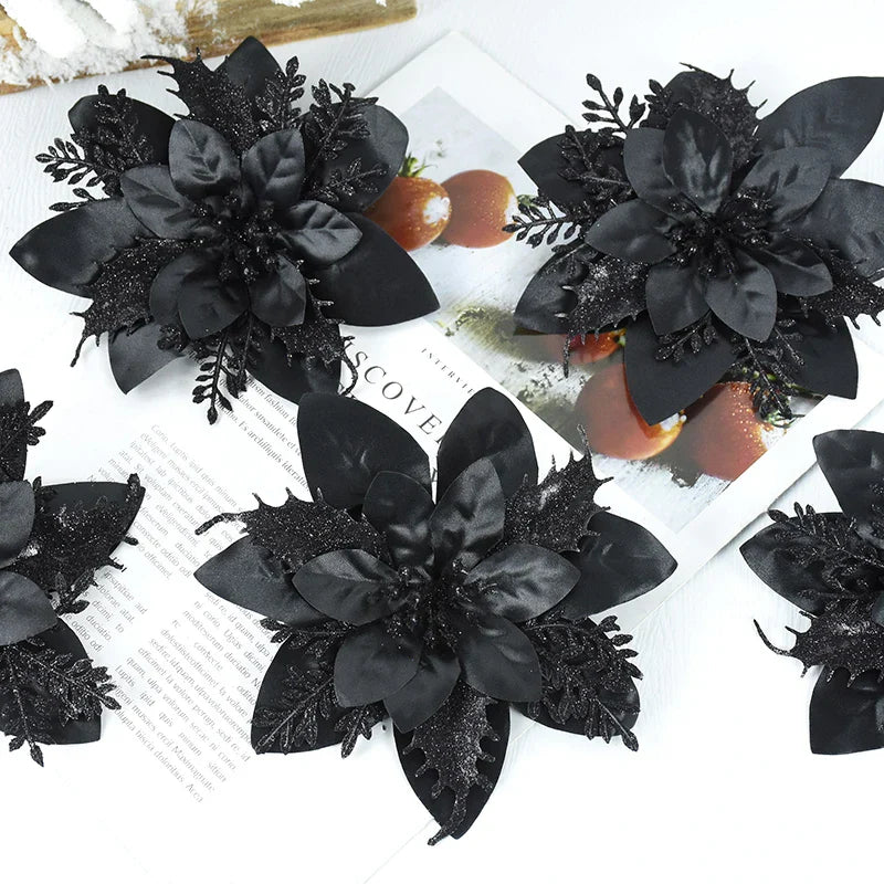 Rynx 5.7 inch artificial blue and black Christmas glitter flowers with clips 5/10 pieces Xmas tree flower ornaments Noel New Year decoration