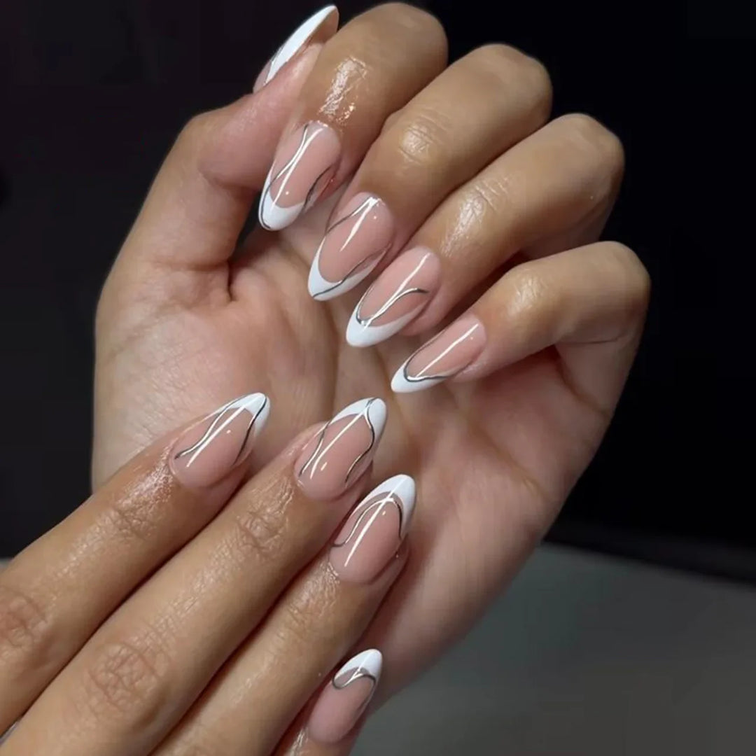 Rynx | Gold Metal French Nude Pink Nail Art Glitter Powder Fashion Artificial Nails Removable Pre-made Artificial Nails Press on Nails with Glue