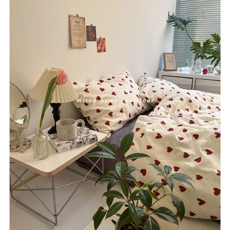 Lisslune | CozyLove | Twin, Full & Queen Duvet Cover Set – Soft Korean-Style Bedding with Heart Design