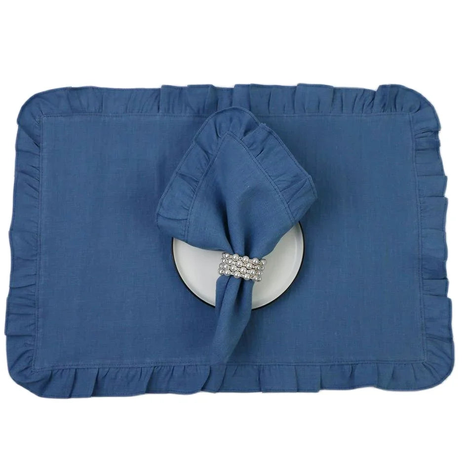 Rynx 4PCS 100% Linen Ruffle Place Mats, Elegant Napkin Fabrics, Event Design Wedding Dinner Table Dinner Party Decor