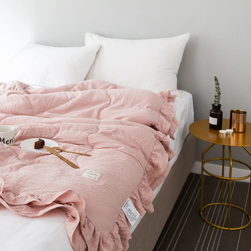 Rynx Summer Blanket Cool Blanket Korean Style Ruffle Spring Autumn Solid Color Air Conditioning Blanket, Blanket Cool Bedspread