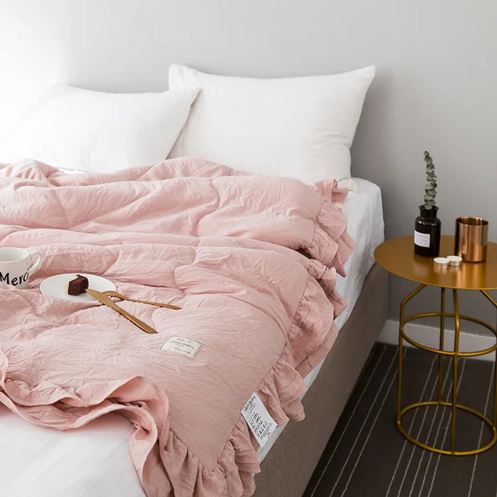 Rynx Summer Blanket Cool Blanket Korean Style Ruffle Spring Autumn Solid Color Air Conditioning Blanket, Blanket Cool Bedspread
