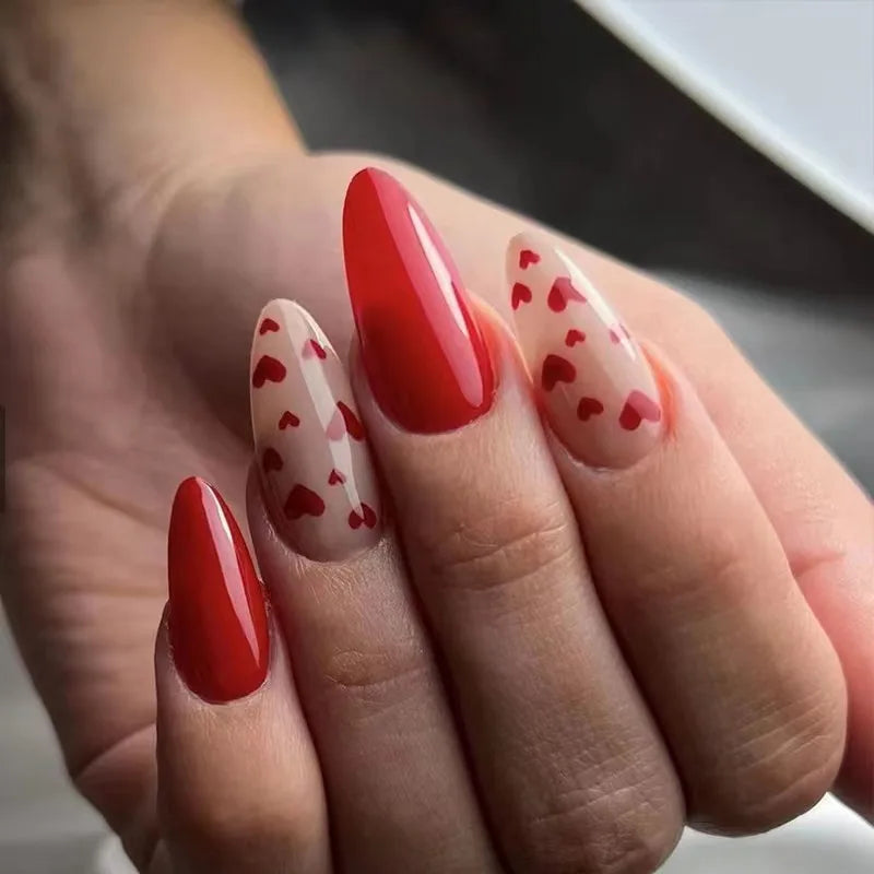 Rynx | Red Love Heart French Sweet Nail Art Nude Pink Artificial Nails Removable Finished Fingernails Valentine's Day Gift Press-on Nails With Glue