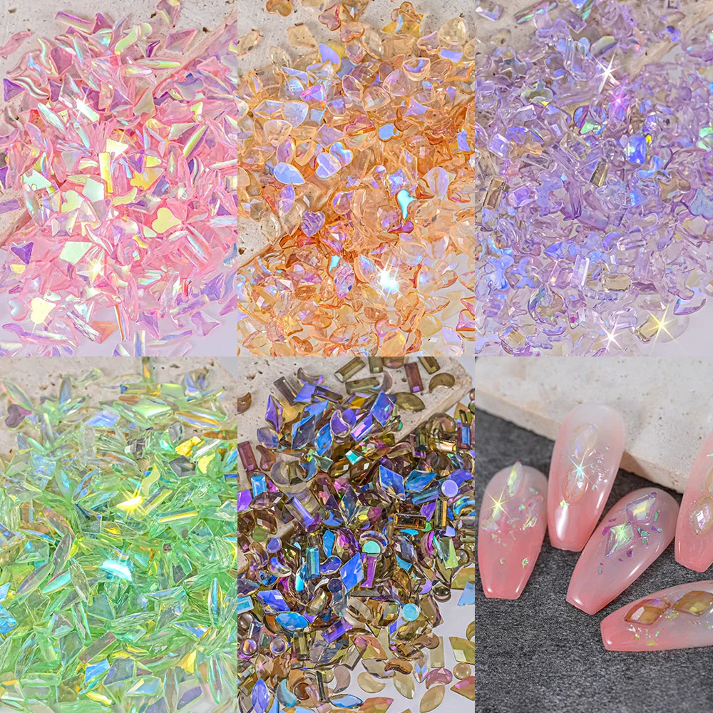 Rynx | 100 Pieces 3D Irregular Aurora Crystal Rhinestones Multi Shapes Aurora Nail Gems 6 Colors Flat Back Shiny Nail Art Rhinestones Charms