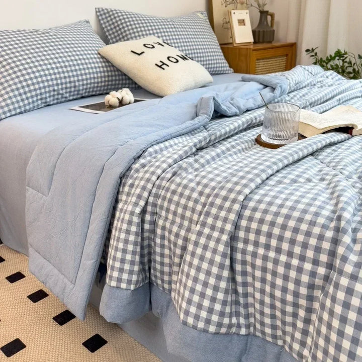 Rynx Summer Duvet Machine Washable Bed Cover Grid King Size Blanket Double Cotton Soft Fashion Air Conditioning Cool Quilt