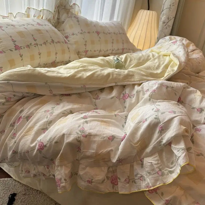 Rynx | Korean Princess Bedding Set Skin-friendly Washable Cotton Bedding Set of Four Pieces Lace Bedding Set Pillowcases Duvet Cover
