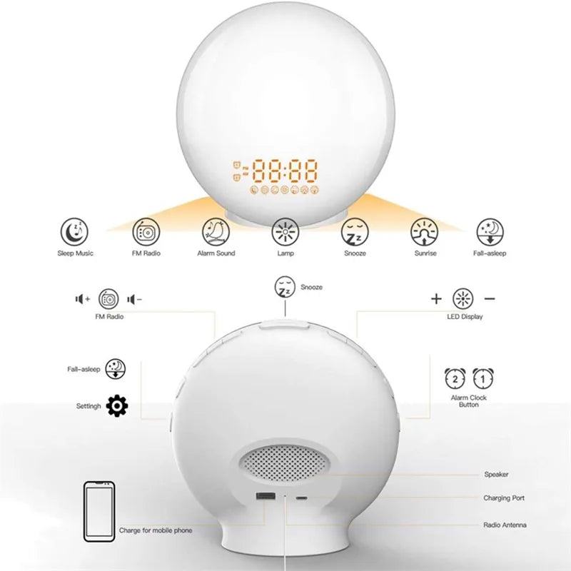 Lisslune | LumiRise | Alarm clock with sunrise light | Color change & FM radio | Calendar & time display