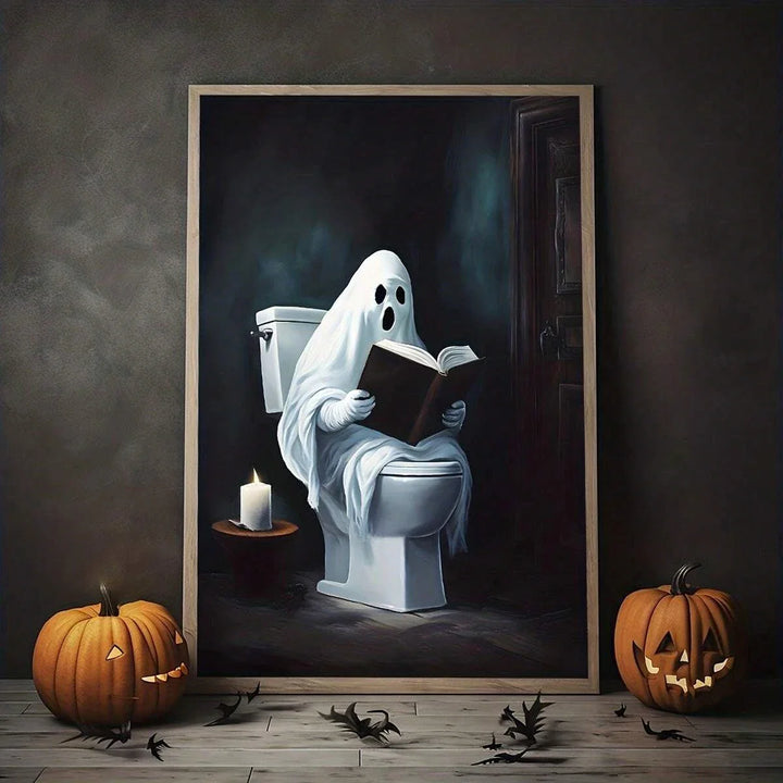 Rynx | Retro Sweet Ghost Companion & Reads Book Canvas Prints Monster Holds Black Cat Wall Art Poster for Living Room Halloween Decor