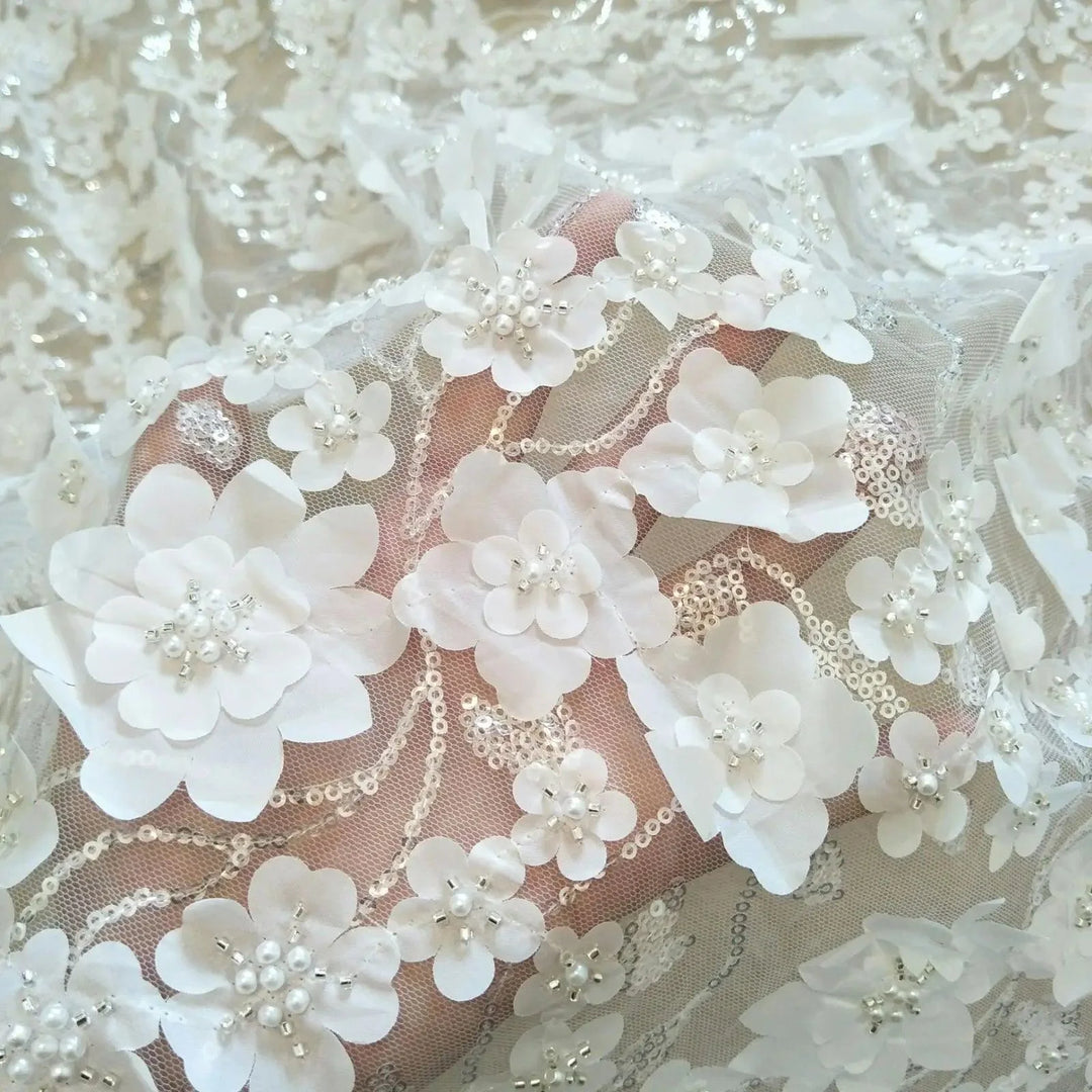 Lisslune | Extravagant Ivory 3D Pearls Lace Fabric - 130 cm Width, available per Yard