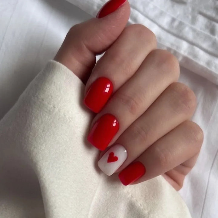 Rynx | Red Love Heart French Sweet Nail Art Nude Pink Artificial Nails Removable Finished Fingernails Valentine's Day Gift Press-on Nails With Glue