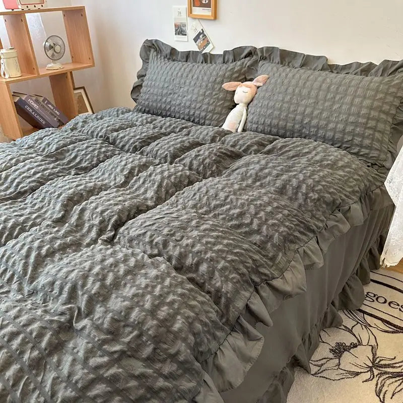 Rynx | Euro Solid Ruffled Carpet Bedding Sets Girls Pair Fluffy Queen Duvet Cover With Canopy Pillowcase Bedroom Comfort 4 Pieces Set