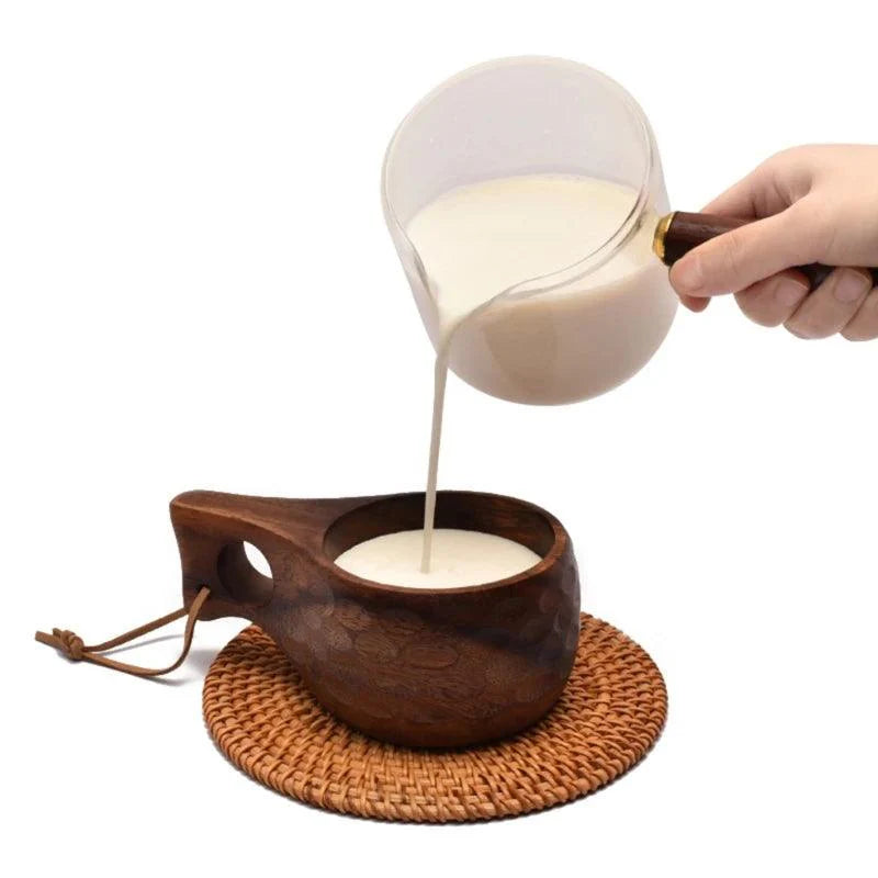 Lisslune | Acacia Wood Finland Kuksa Travel Mug with Handle and Leather Rope Holder - Stylish Drinkware for Coffee, Tea, and Juice