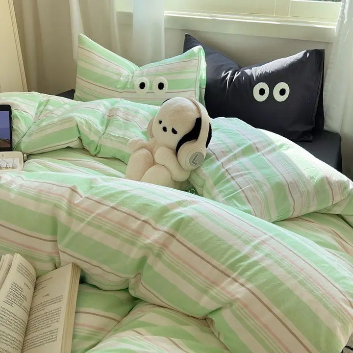 Rynx | INS Striped Bedding Set Simple Soft Duvet Cover Sheet Pillowcase Solid Color Bedding for Adults Girls Twin-Queen Size