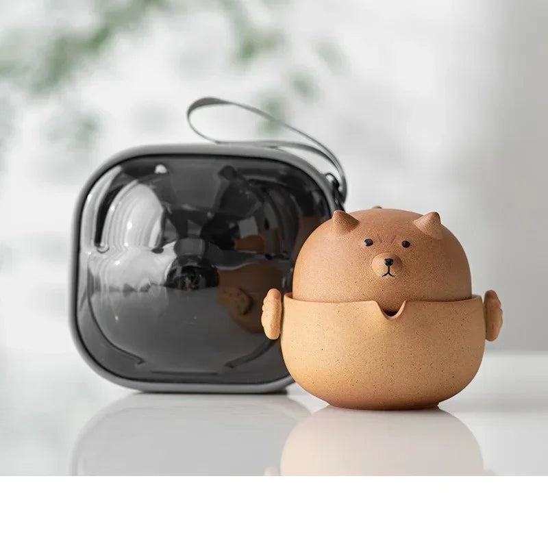 Rynx | Portable Travel Tea Cup Set Ceramic 160ml Camping Tea Set Sweet Dog Teapots Japanese Tea Culture with Storage Bag Travel Supplies