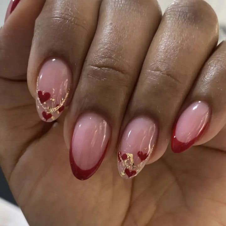 Rynx | Red Love Heart French Sweet Nail Art Nude Pink Artificial Nails Removable Finished Fingernails Valentine's Day Gift Press-on Nails With Glue