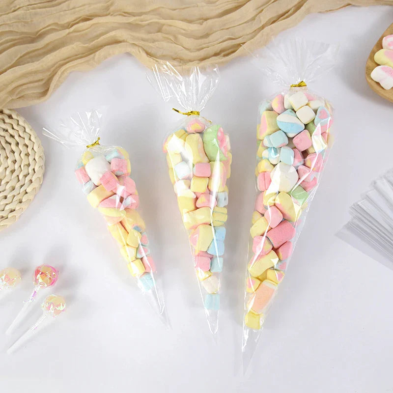Rynx 50 pcs Transparent Candy Popcorn Packaging Bags Plastic Cellophane Cookie Gift Bags Wedding Birthday Parties Christmas Supplies