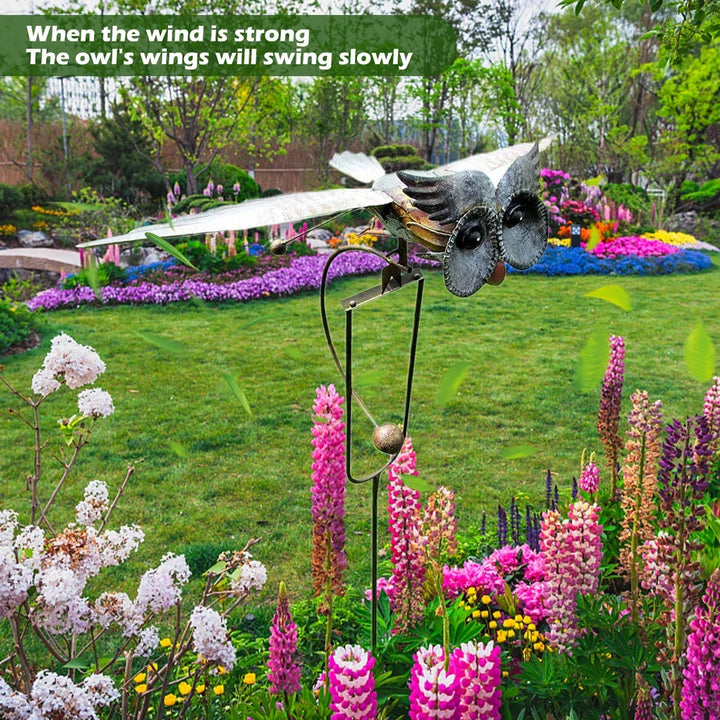 Rynx | Owl Garden Decoration Metal Wings Swinging Owl Wind Spinner Lifesize Weather Eagle for Garden Stone Outdoor Art Statue 1/2Pcs
