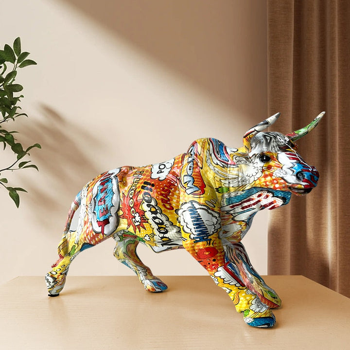 Lisslune | Graffiti-Painting Resin Bull Figures Home Living Room Bedroom Office Desktop Feng Shui Ornaments Collection Statues