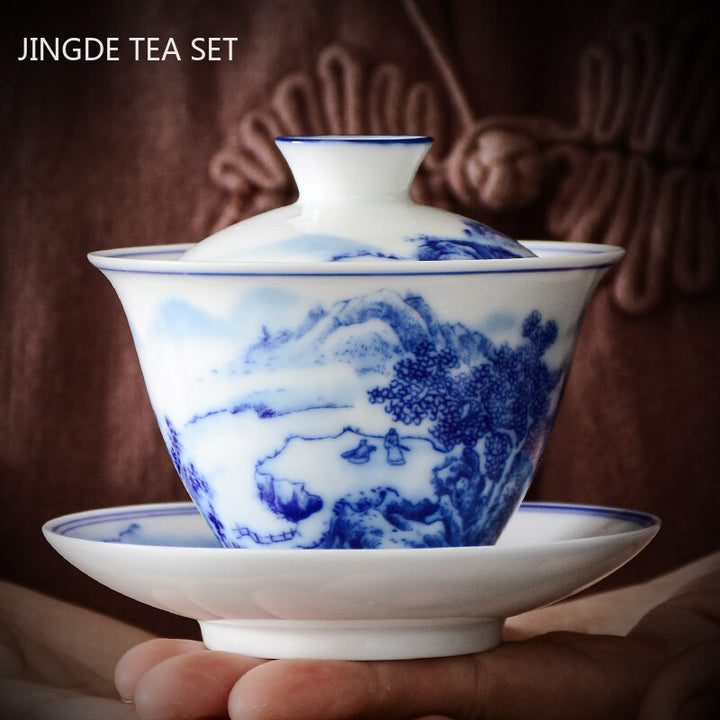 Lisslune | PorceVive Gaiwan Tea Cup | Handcrafted Porcelain with Landscape Pattern | Chinese Tea Set with Lid