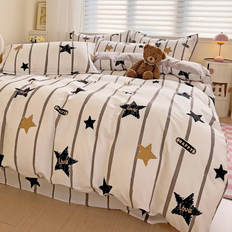Rynx | Black Striped Duvet Cover Stars Printed Soft Pure Cotton Bedding for All Seasons Elegant Classic Stripe Pattern Duvet Covers
