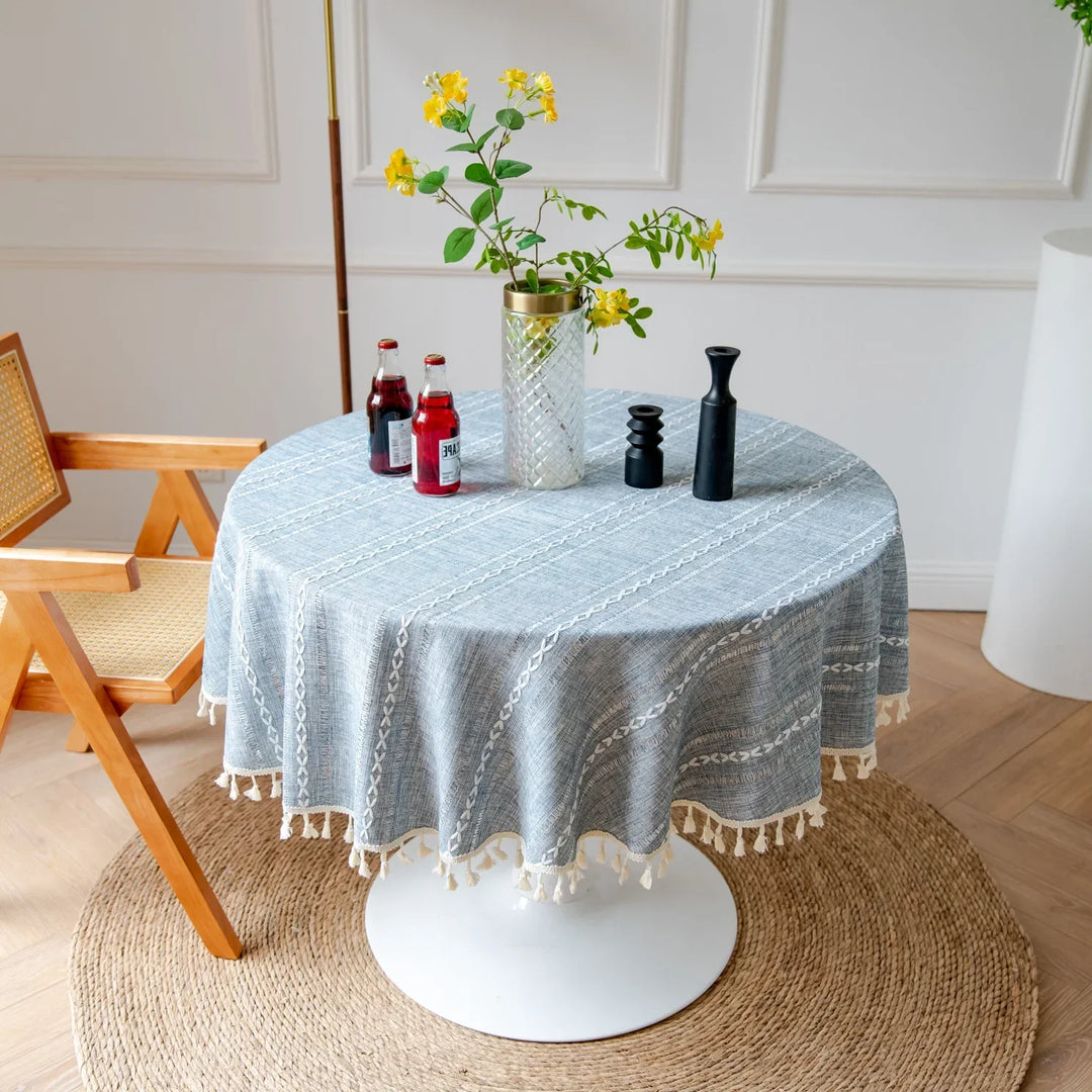 Rynx Cotton Linen Three-Dimensional Jacquard Checked Round Tablecloth, Tassel Dustproof Tablecloth, For Dinner Party Wedding Decor