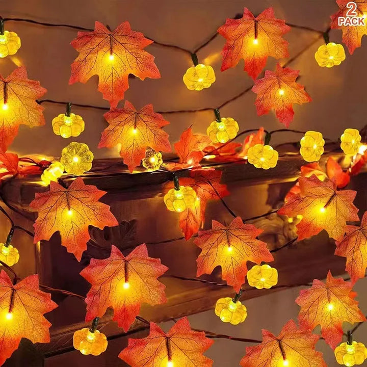 Rynx | Artificial Autumn Maple Leaves Pumpkin Garland LED Fairy String Light Christmas Thanksgiving Decoration DIY Halloween Party Home