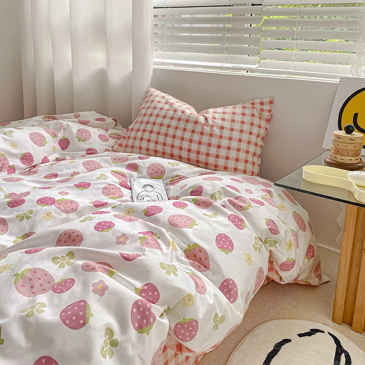 Rynx | Kawaii Pink Strawberry Duvet Cover Set without Filling Fashion Bedding Full Size Queen Size Luxury Home Textiles for Girls Bedding