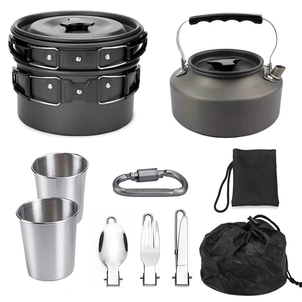 Lisslune | All-in-one Portable Camping Cook Set with Non-stick Cookware, Kettle and Foldable Cutlery for Outdoor Sports Adventures