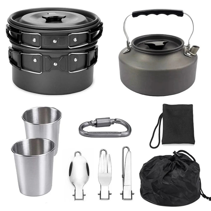 Lisslune | All-in-one Portable Camping Cook Set with Non-stick Cookware, Kettle and Foldable Cutlery for Outdoor Sports Adventures