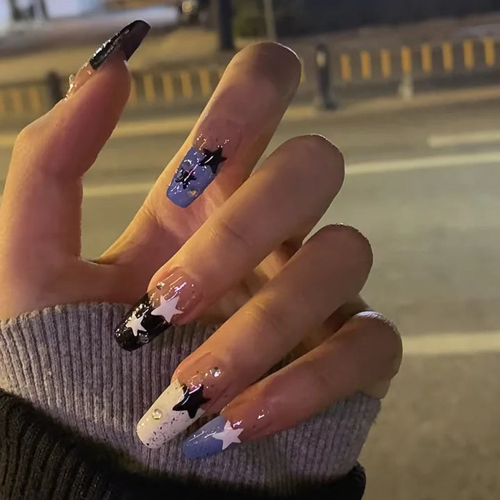 Rynx | Shiny Rhinestone White Stars French Nail Art Fashion Simple False Nails Removable Ready Artificial Nails Glue Nails with Glue
