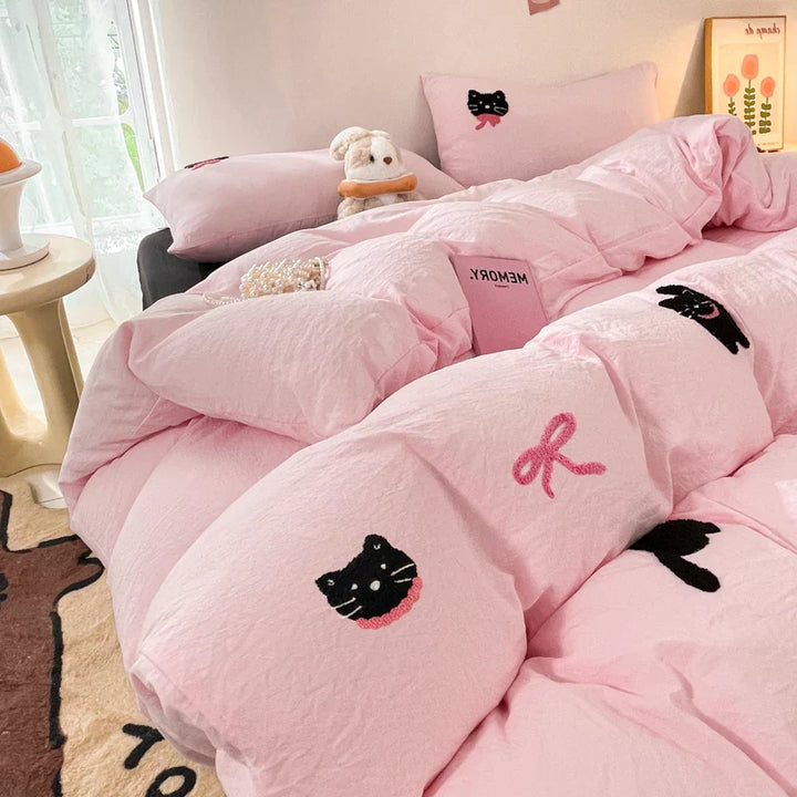 Rynx | Korean Style Pink Bedding Set Black Cat Embroidery Washed Cotton Duvet Cover Cute Cartoon Bedding Comforter Sets