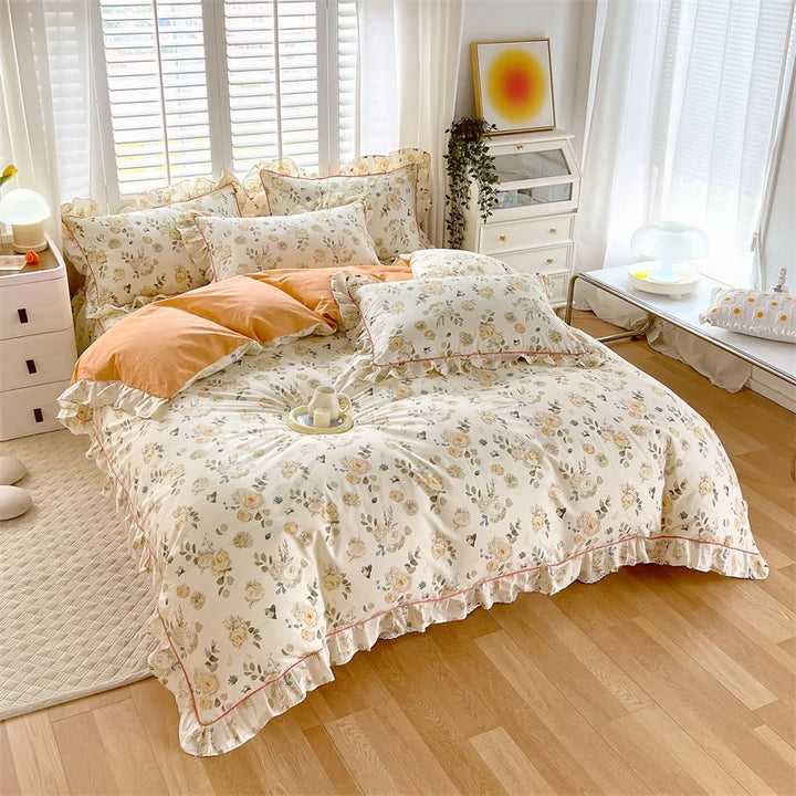Rynx Princess Style Ruffled 100% Cotton Duvet Cover Set or Single Duvet Covers Floral Soft Duvet Cover Cotton Sweet Duvet Covers