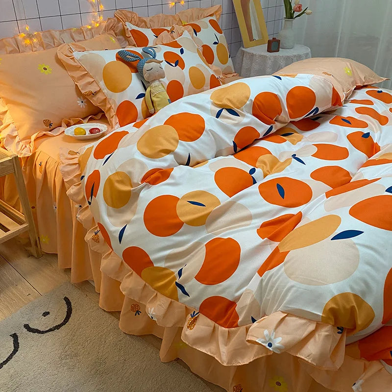 Lisslune | Korean-Vierteil-Set Herbst Winter Bettwäsche Prinzessinnenstil Spitzenbettbezug Blatt Frühling und Sommer Bett
