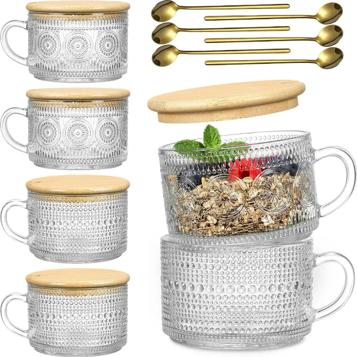 Rynx | Set Vintage Coffee Mugs Overnight Oats Containers with Bamboo Lids and Spoons 14oz Clear Embossed Glass Cups Iced Coffee Glasses