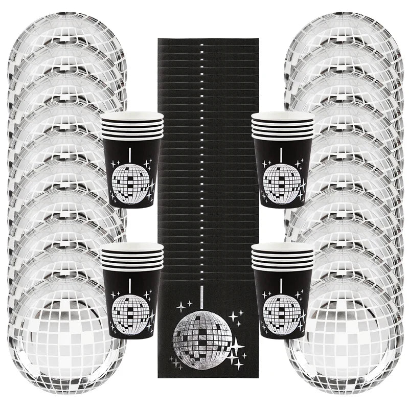 Rynx Disco Theme Party Disposable Tableware Set Silver Disco Ball Plates Napkins Cups 70s Birthday Party Decoration Wedding Supplies