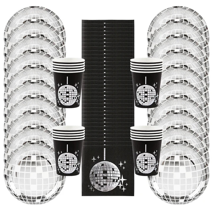 Rynx Disco Theme Party Disposable Tableware Set Silver Disco Ball Plates Napkins Cups 70s Birthday Party Decoration Wedding Supplies